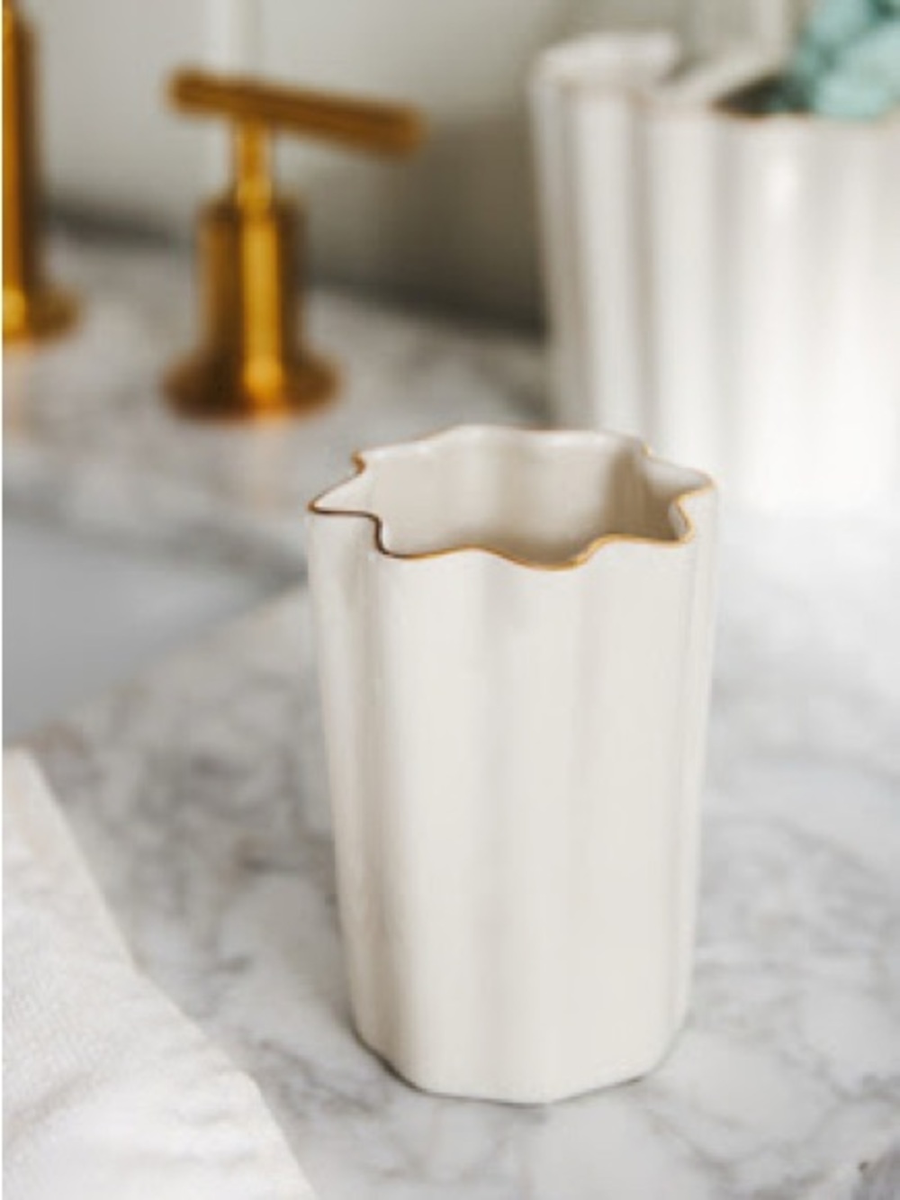 Anthropologie Cream Ceramic Vanity Cup with Gold Rim